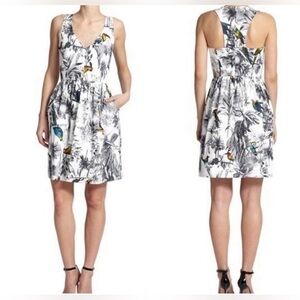 Milly White Tropical Print Fit & Flare Dress, Sleeveless Racerback Mini, Size 10